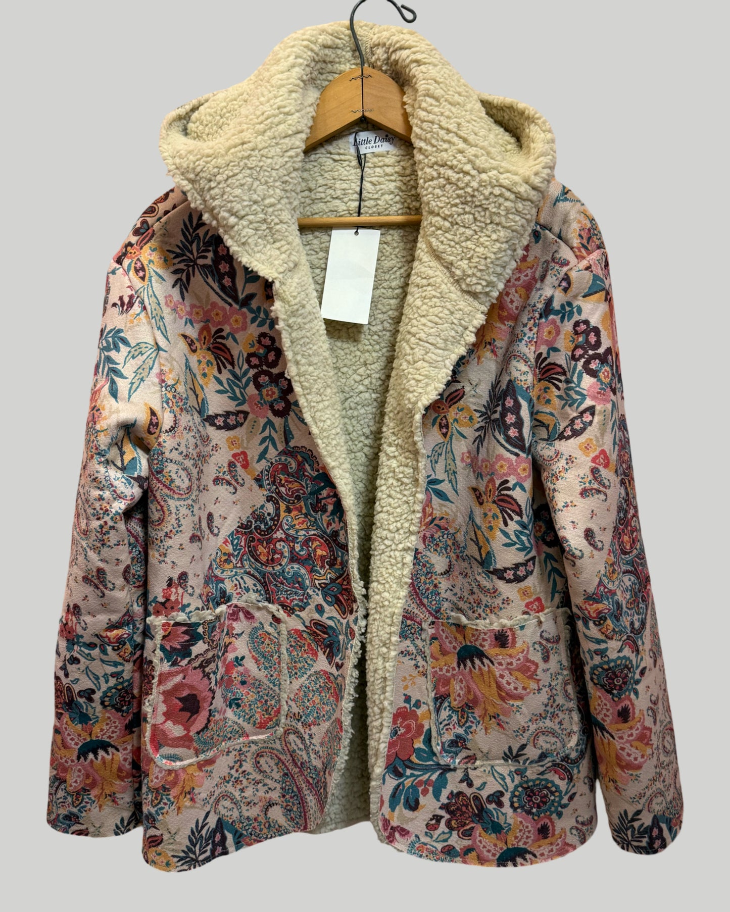 Boho Paisley Floral Sherpa Lined Hooded Jacket