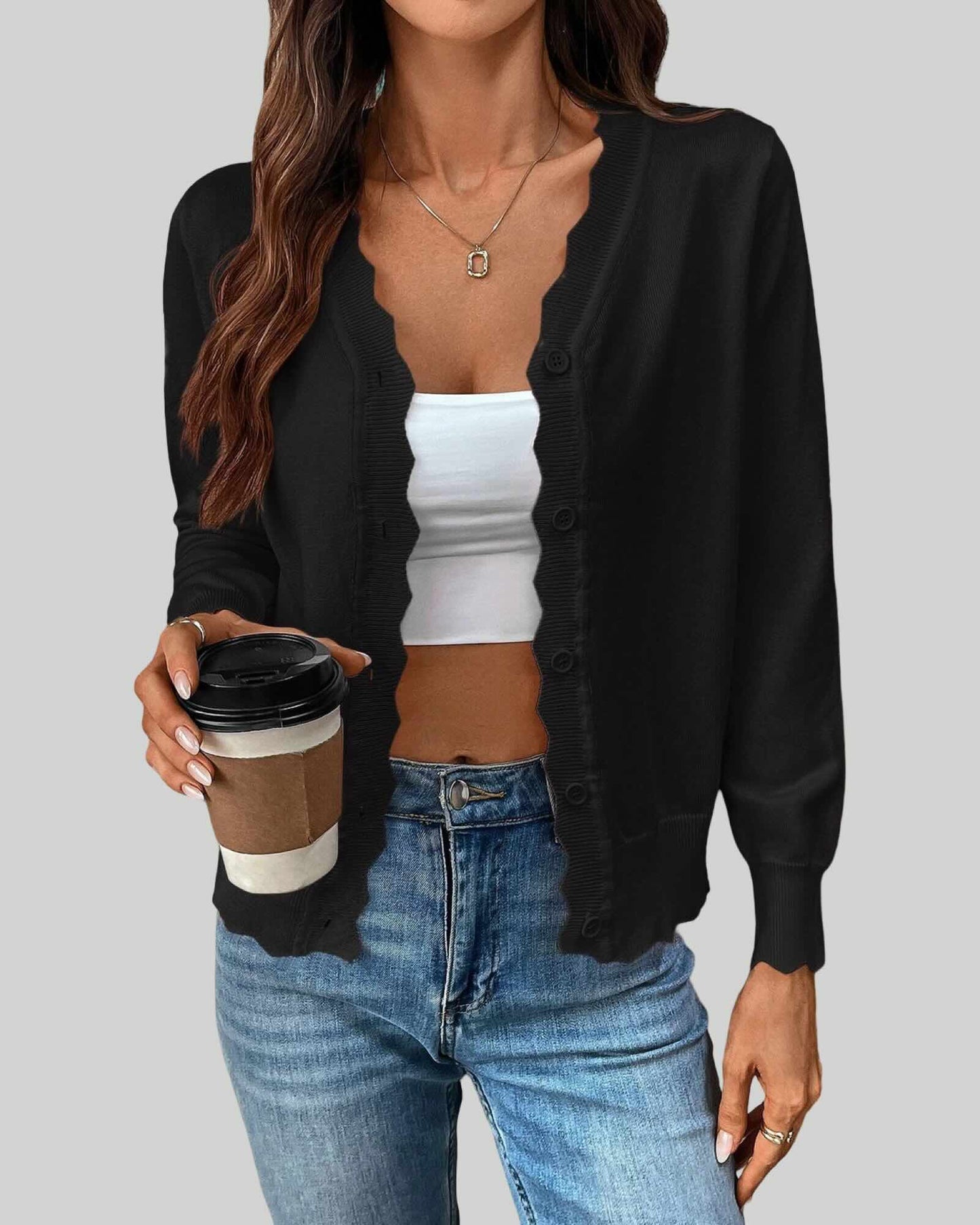Solid Color V-Neck Lettuce Edge Knit Cardigan
