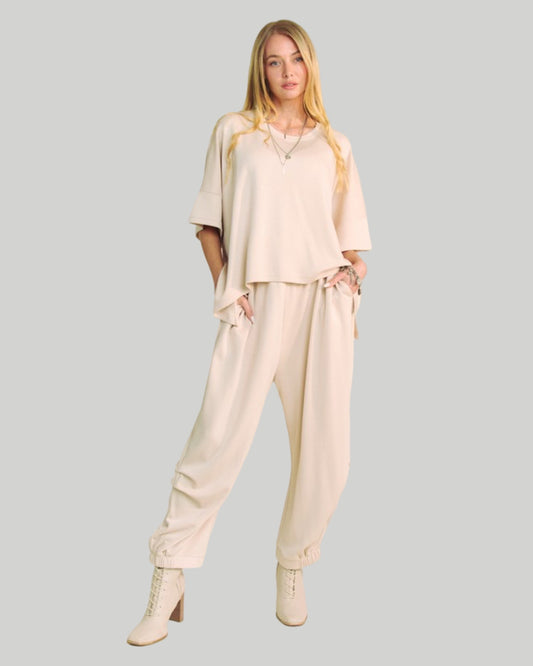 BEIGE SOLID FLOWY TOP WITH ELASTIC WAIST WIDE LEG PANTS SET