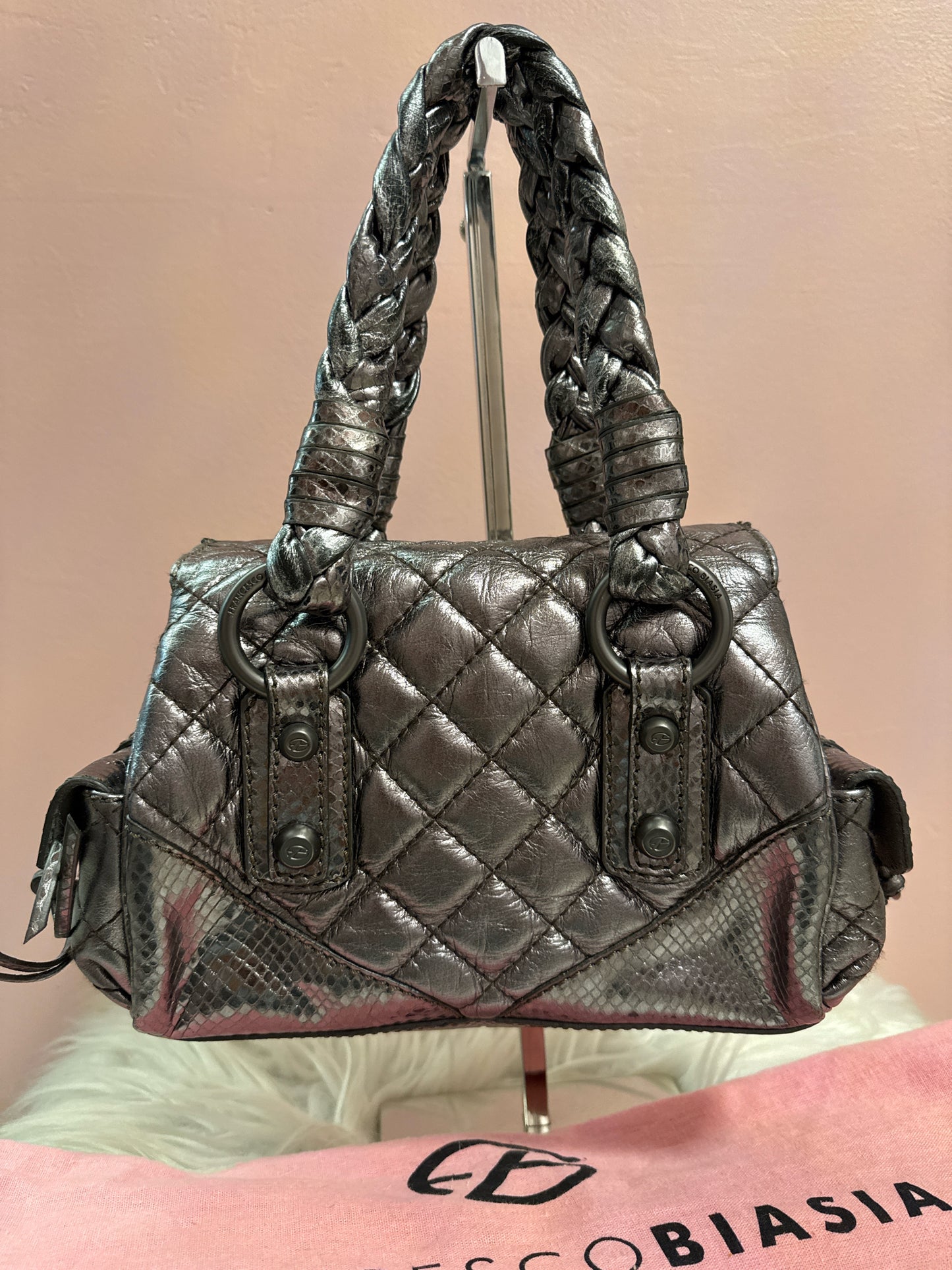 FRANCESCO BIASIA QUILTED PEWTER MINI HANDBAG BRAIDED HANDLES W DUST