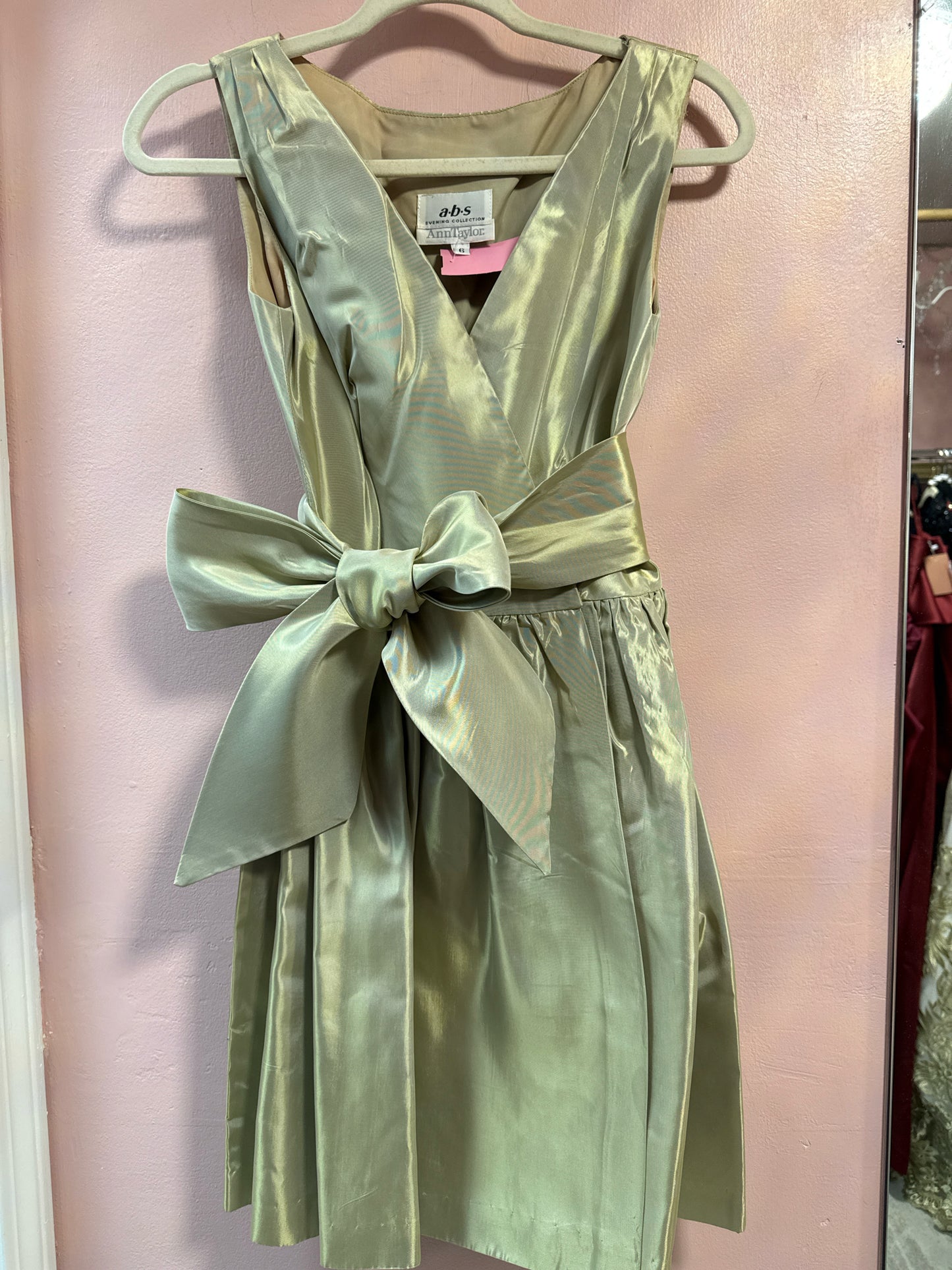 ABS Evening Collection Irredescent Light Green Taffeta dress w Sash Belt