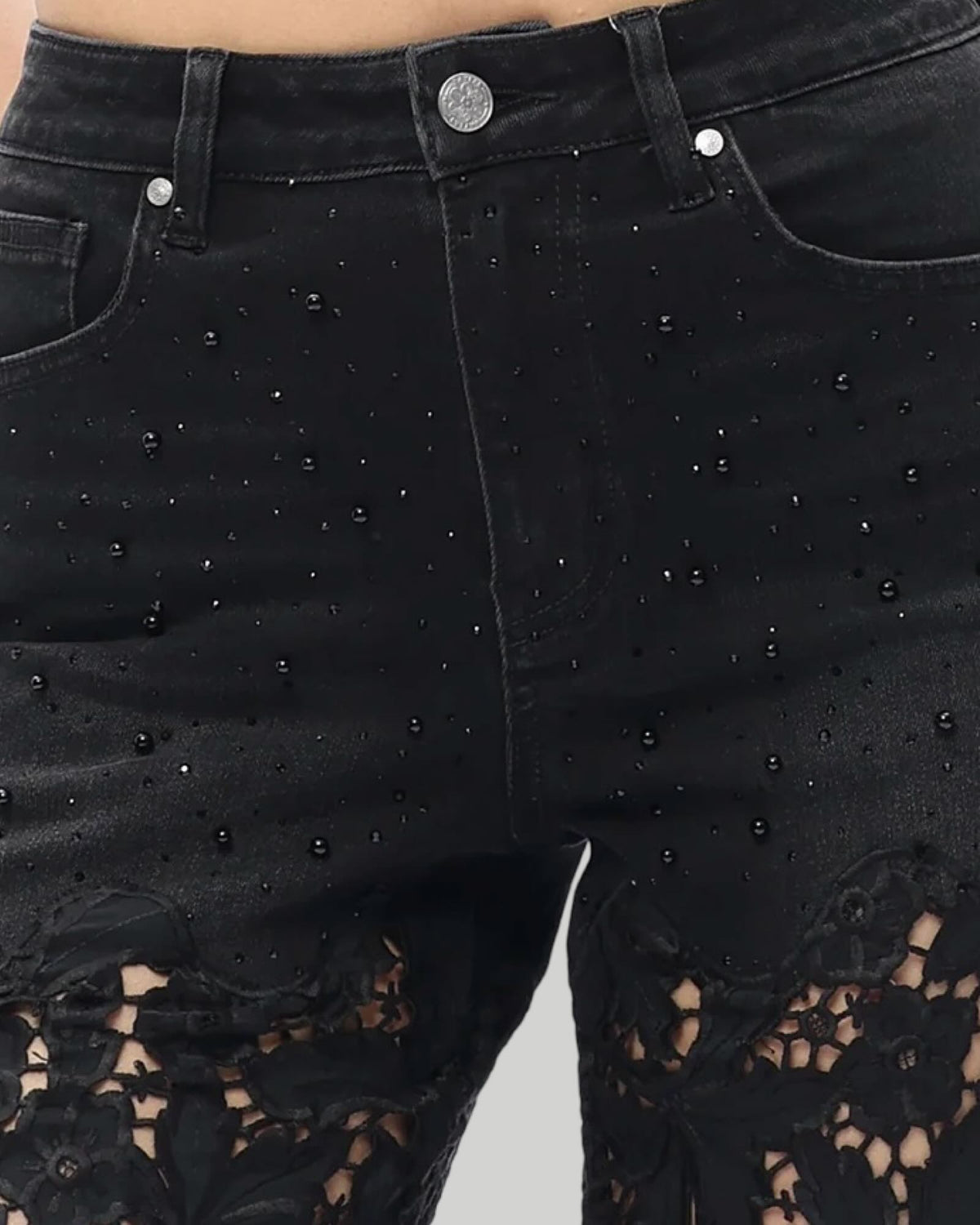 New York 30" Floral Black High Rise Wide Leg Jeans