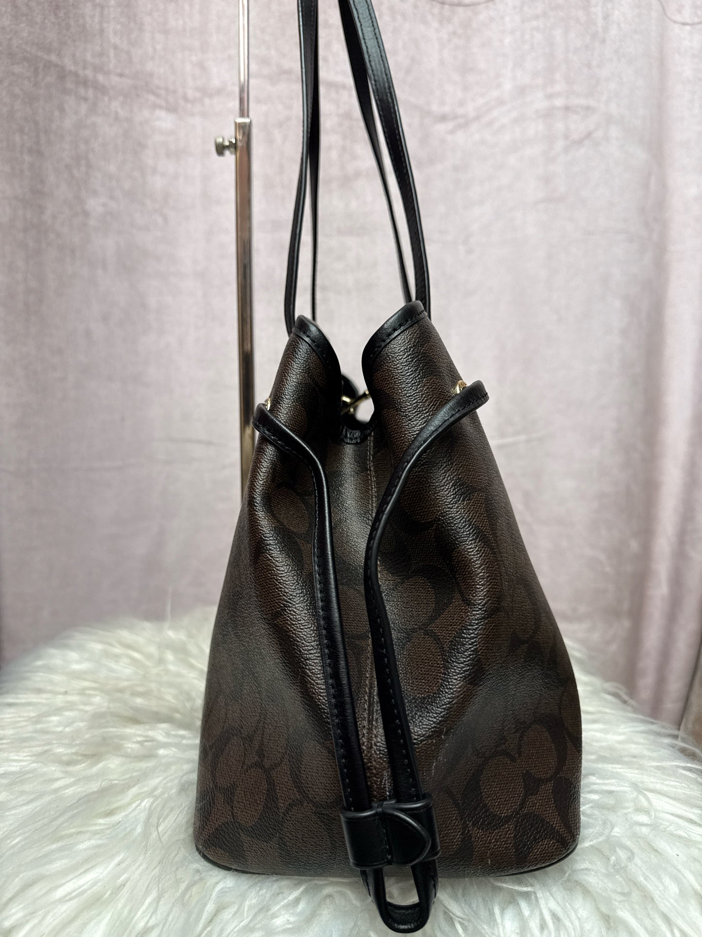 Coach Signature Drawstring Carryall Bag in Brown and Black F57842