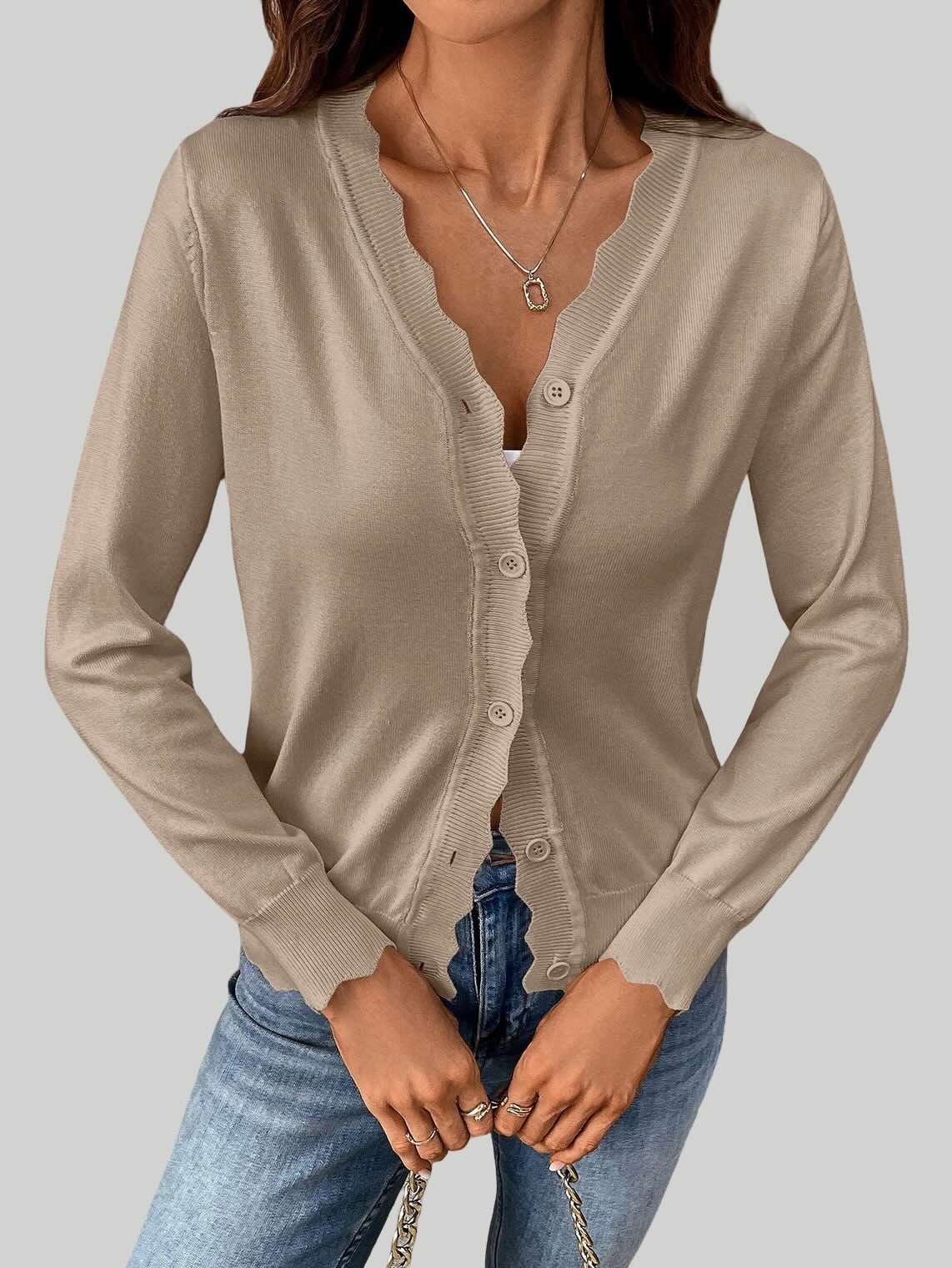 Solid Color V-Neck Lettuce Edge Knit Cardigan