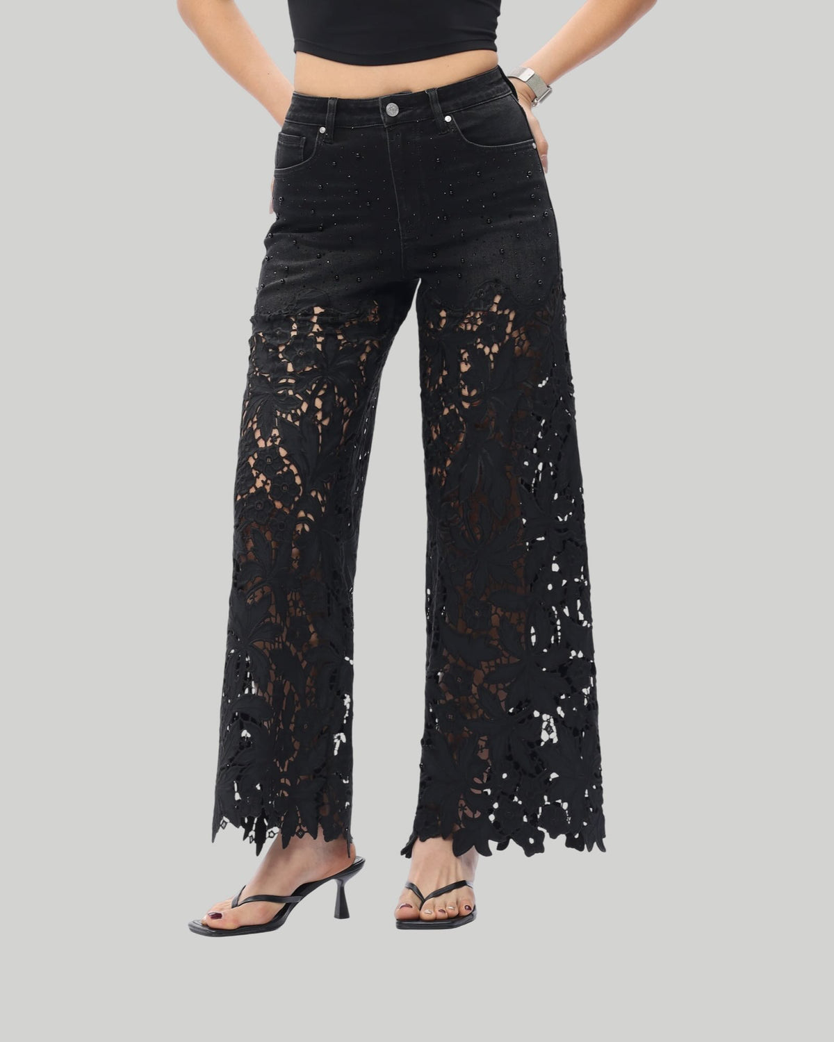 New York 30" Floral Black High Rise Wide Leg Jeans
