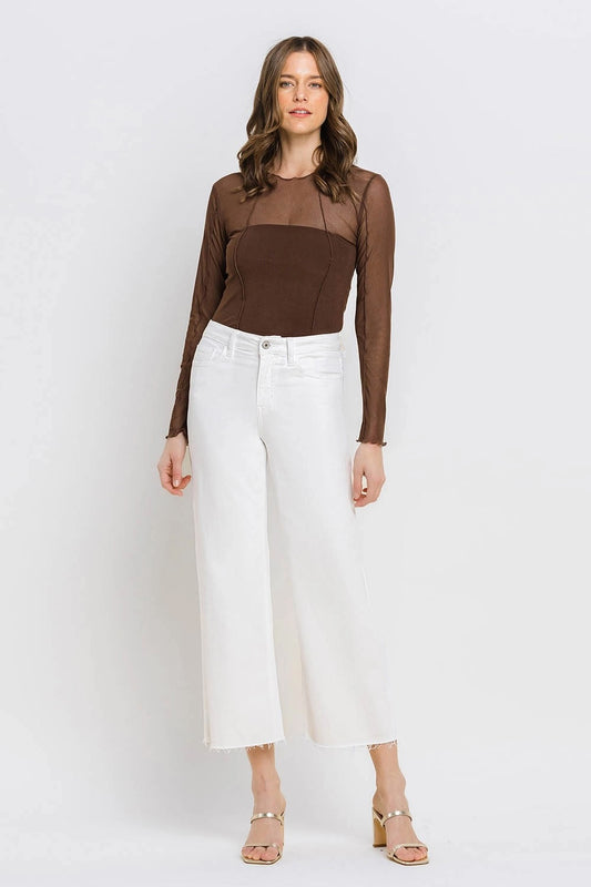 High rise clean cut raw hem crop wide leg jeans