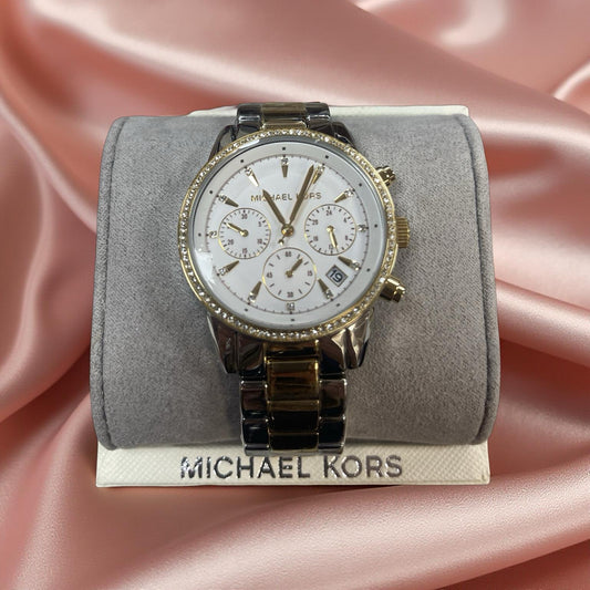 MICHAEL KORS RITZ PAVE CRYSTAL, THREE LINK TWO TONE BAND WATCH NWT