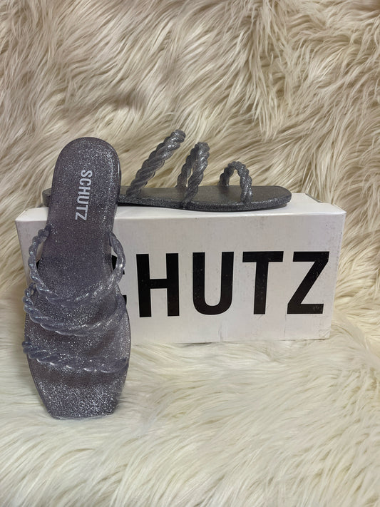 SCHUTZ DANDALIA SALTO RASTEIRO GLITTER SILVER SANDALS W BOX