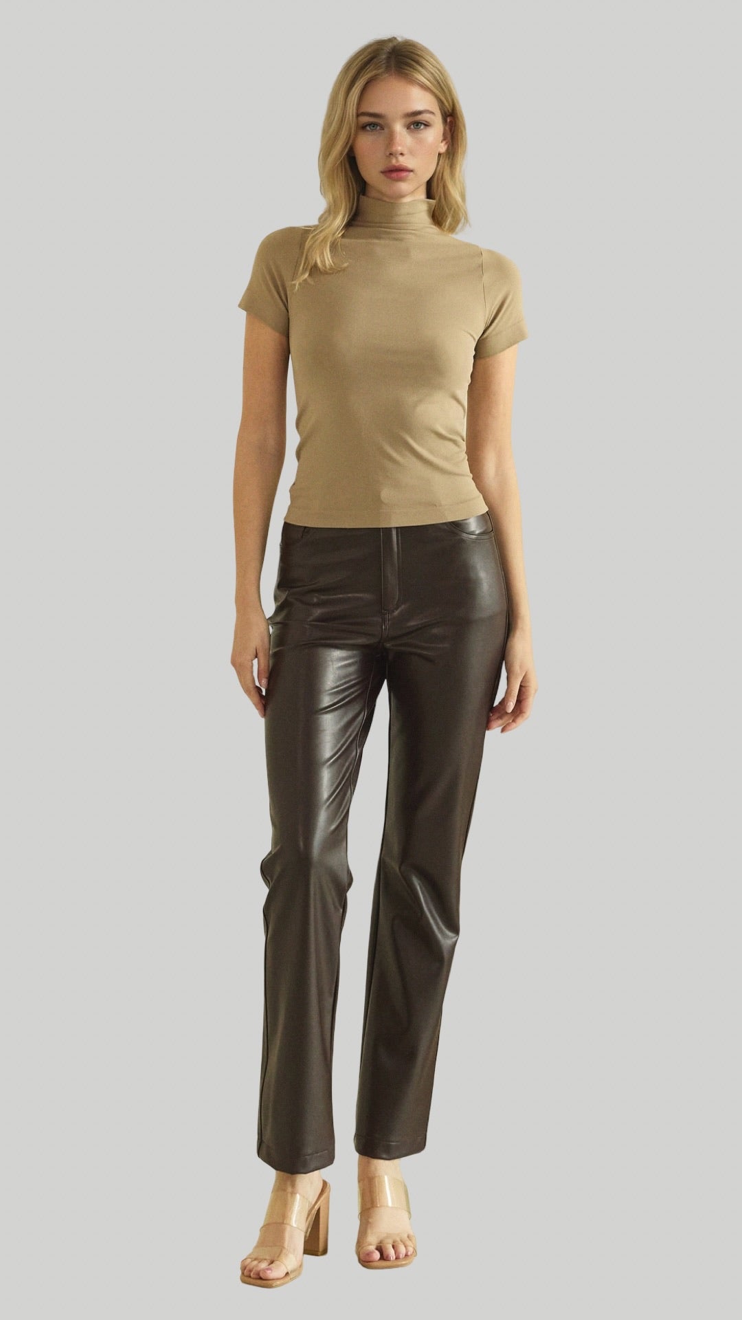 So Edgy Faux Leather Straight-Leg High-Rise Pants in Burgundy Black Chocolate