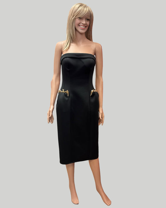 MAC DUGGAL BLACK STRAPLESS DRESS WITH FRONT "PURSE" POCKETS