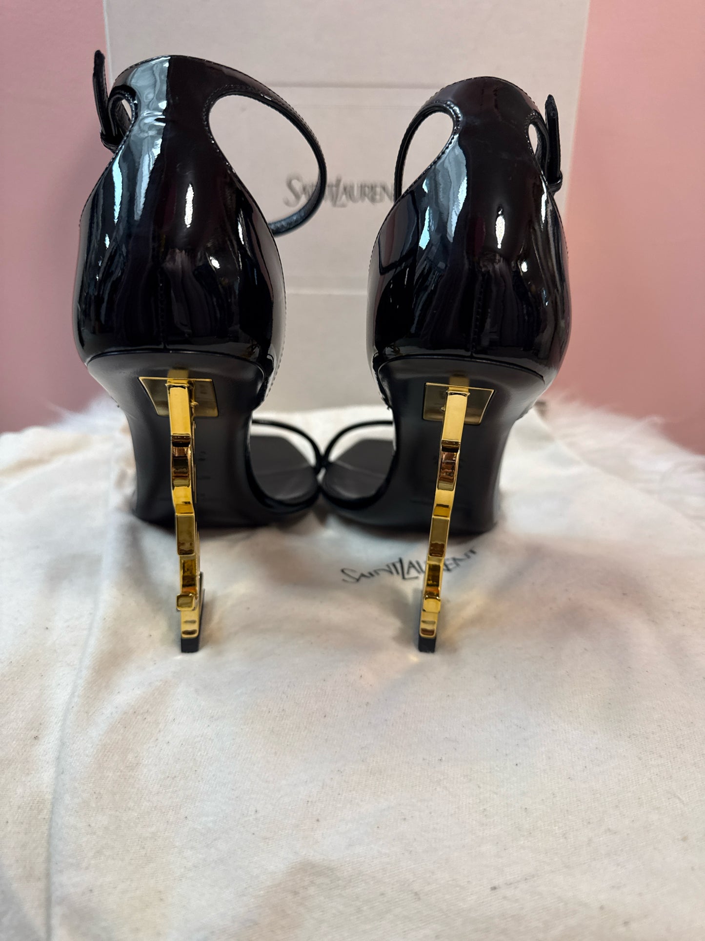 Saint Laurent Opyum patent Leather sandal with Cassandra logo heel