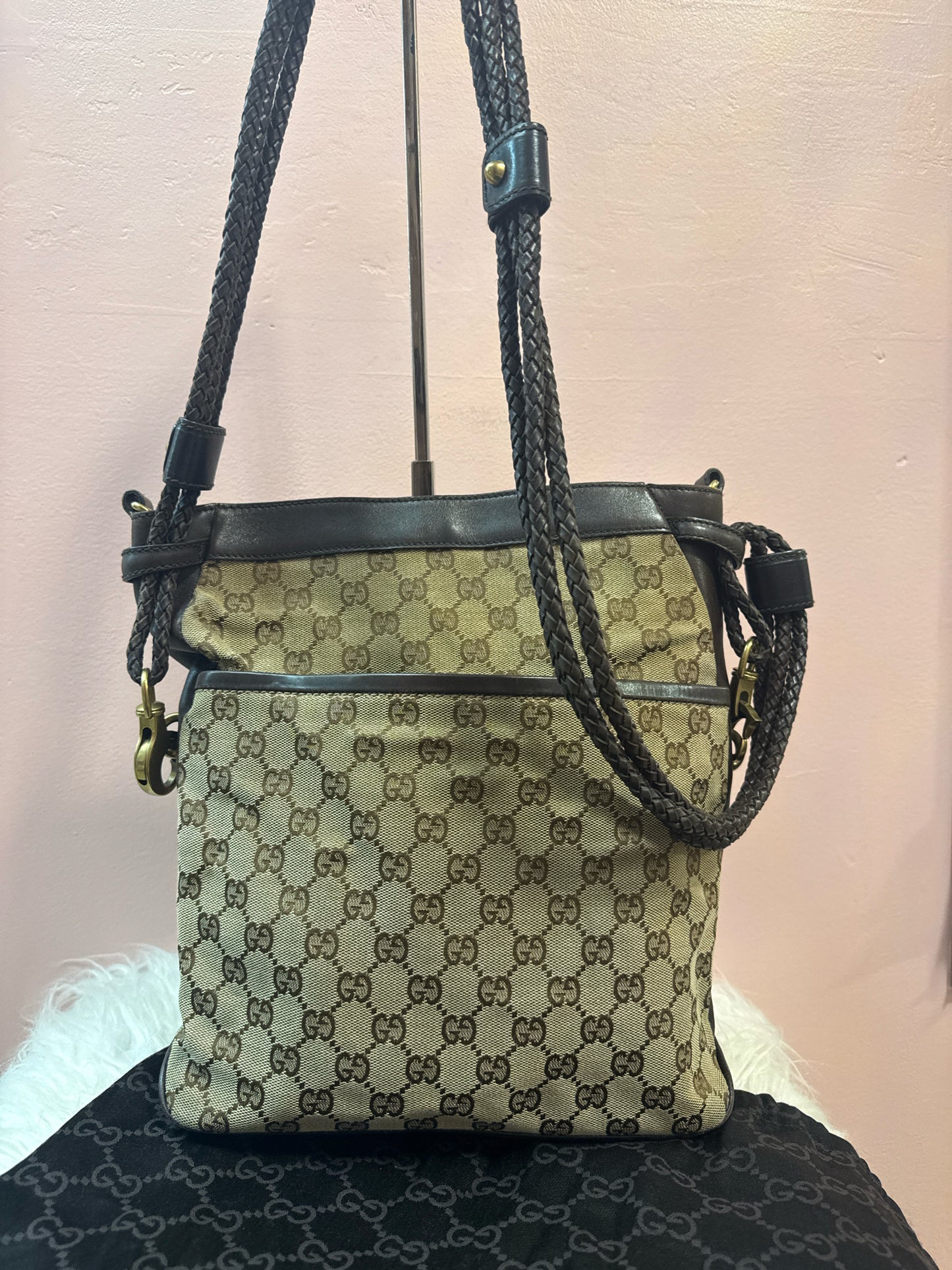 Gucci GG Canvas Monogram Braided Straps Crossbody Shoulder Bag