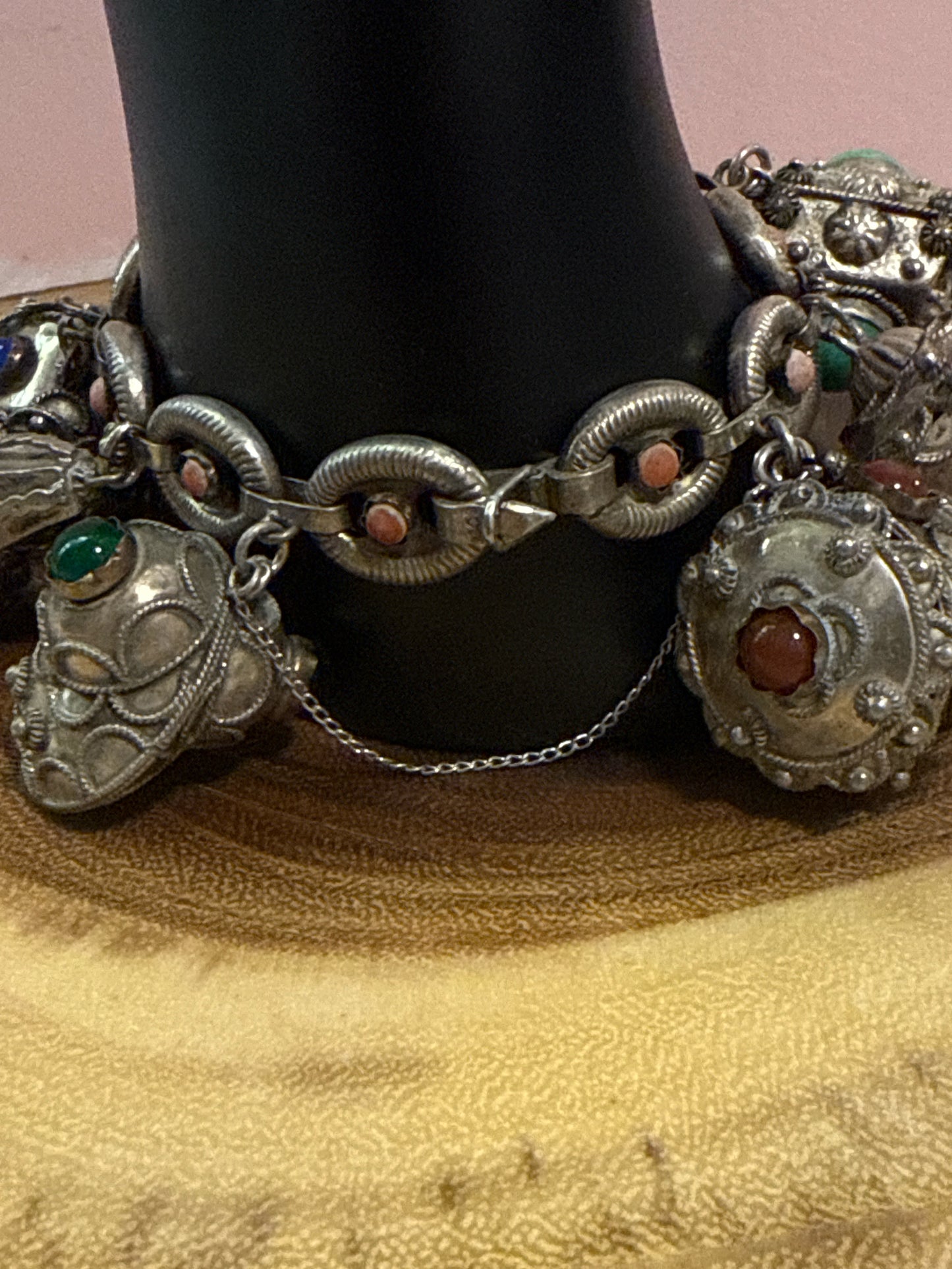 Vintage Etruscan Revival Charm Bracelet 800 Silver Natural Stones