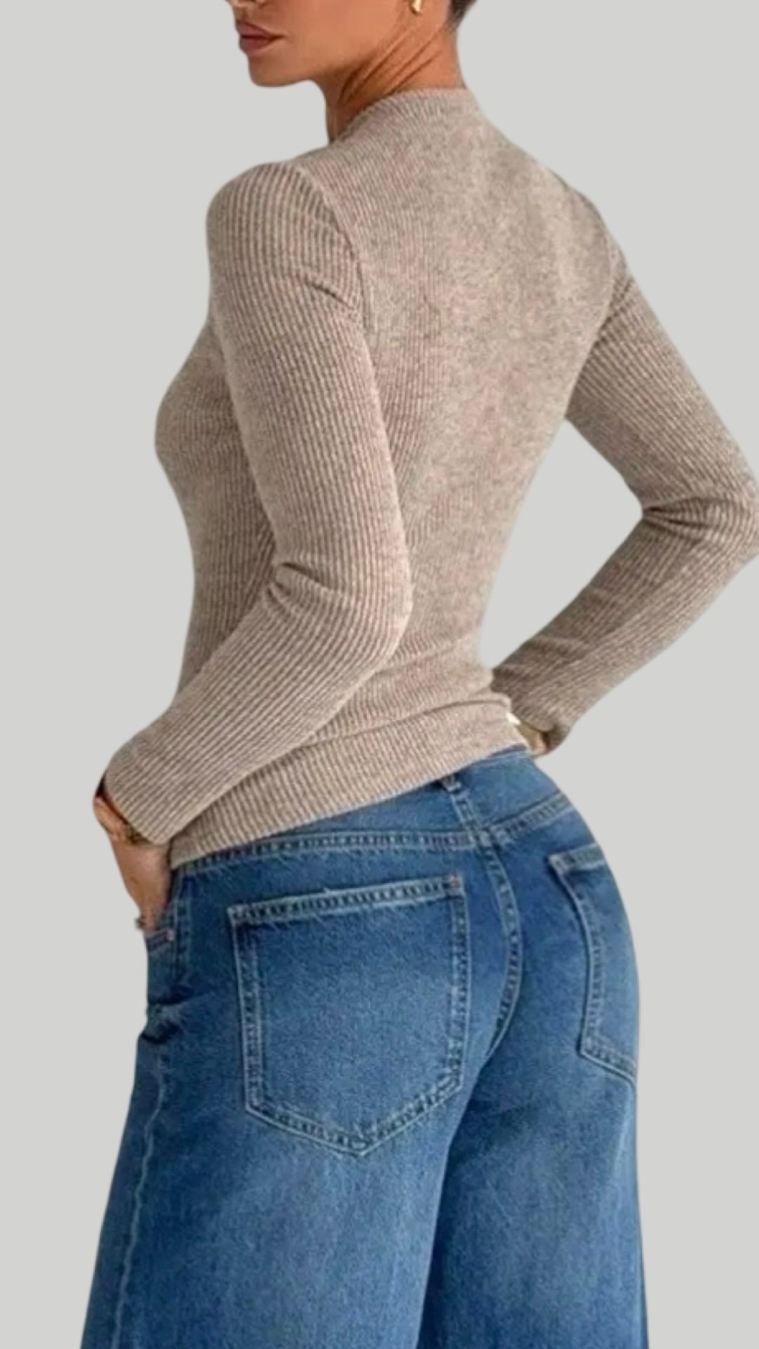 Ribbed Knit Metal Buckle Ruched Slim Fit Long Sleeve Top Burgundy and Khaki