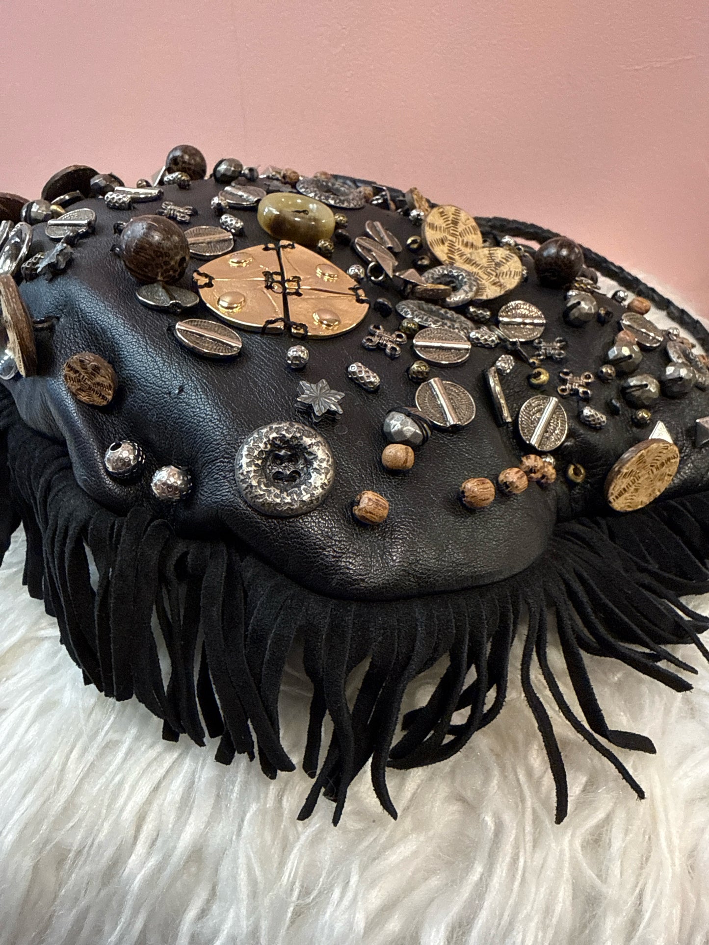 Jimmy Coo Black Bead/Button Fringe Detail Shoudler / Crossbody