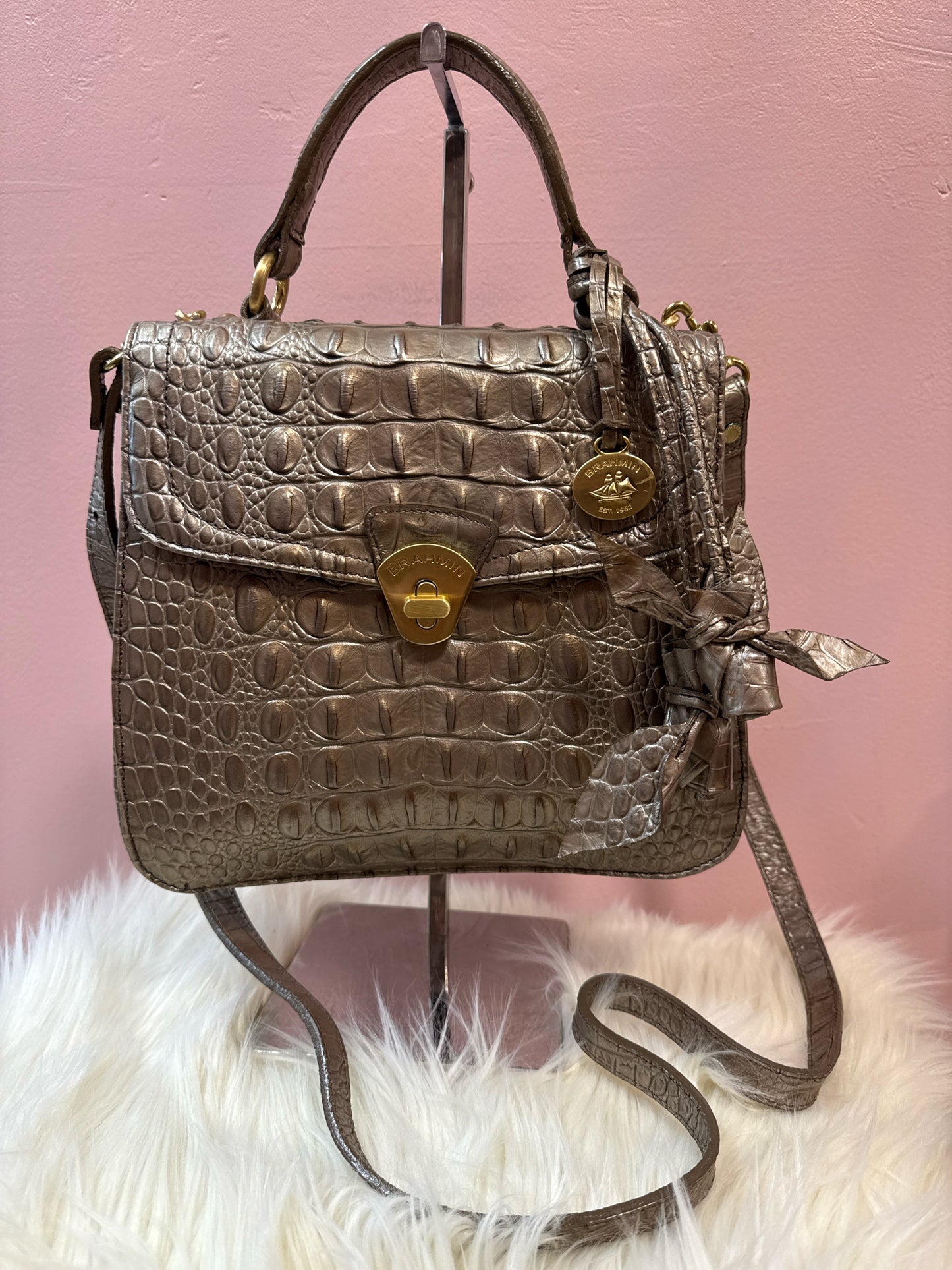 Brahmin Tapue/Pewter Croc Embossed Vittoria Top Handle Shoulder Bag