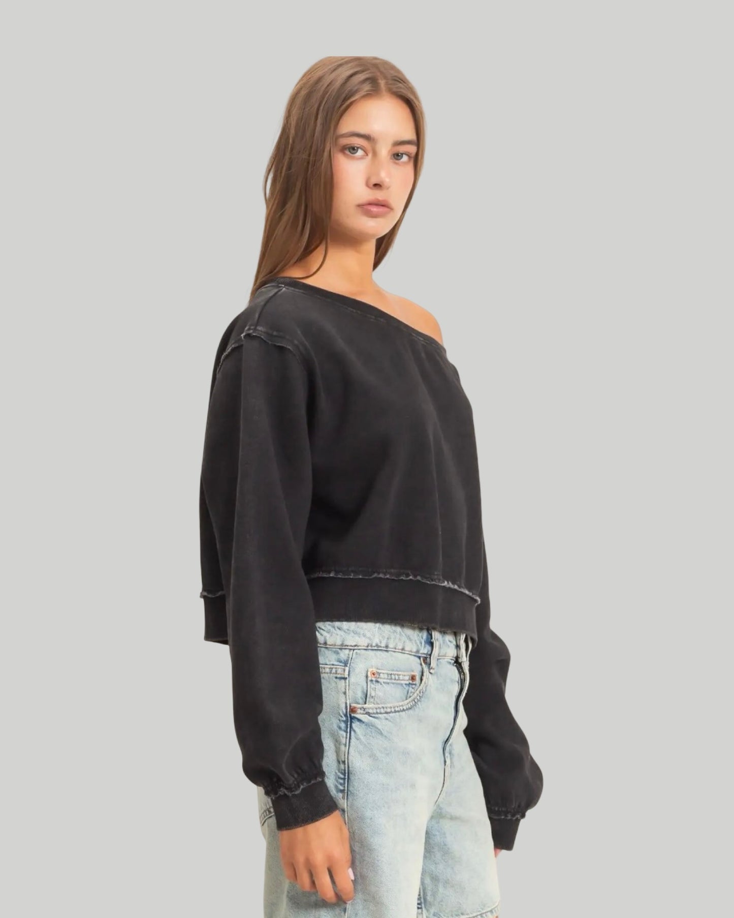 Raw Edge Acid Wash Off the Shoulder Sweatshirt
