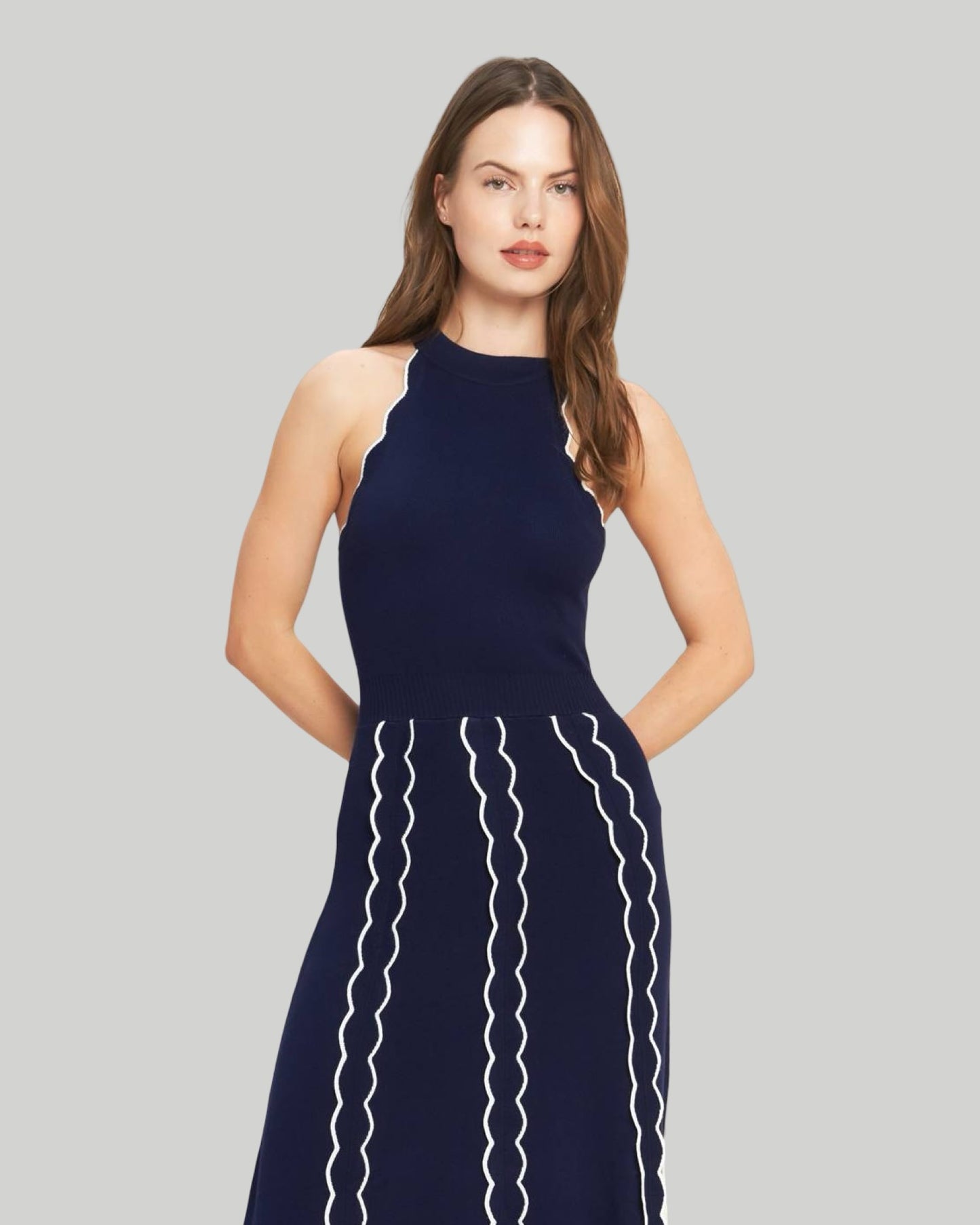 Navy and Ivory Halter Knit Midi Dress