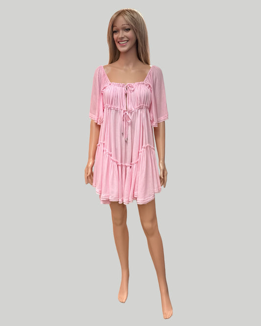 BLUIVY RUFFLE HEM RUCHED MINI DRESS LT PINK