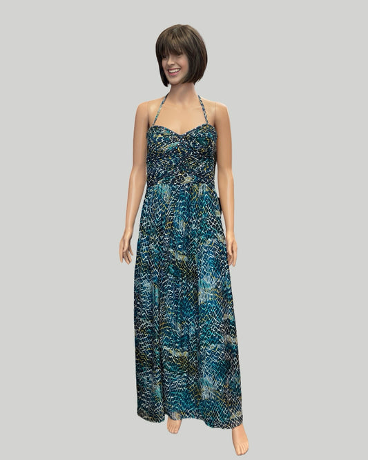 LAUNDRY BY SHELLI SEGAL TEAL PRINT STRAPLESS GOWN ALTERED TO A 6