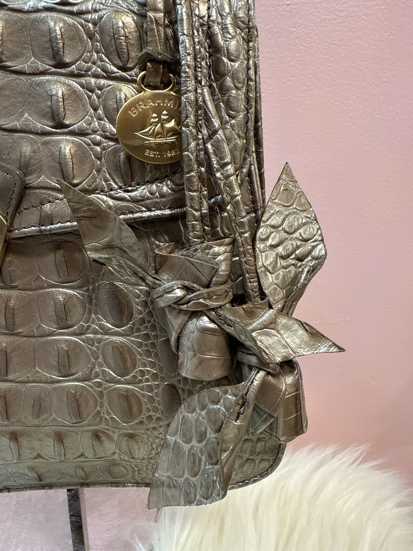 Brahmin Tapue/Pewter Croc Embossed Vittoria Top Handle Shoulder Bag