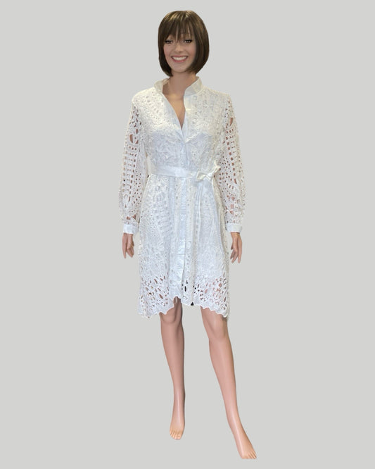 WHITE LONG SLEEVE HOLOW-OUT, BUTTON FRONT DRESS SELF TIE BELT