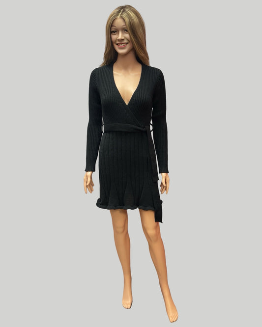 BLACK V-NECK SELF TIE BELT SWEATER DRESS