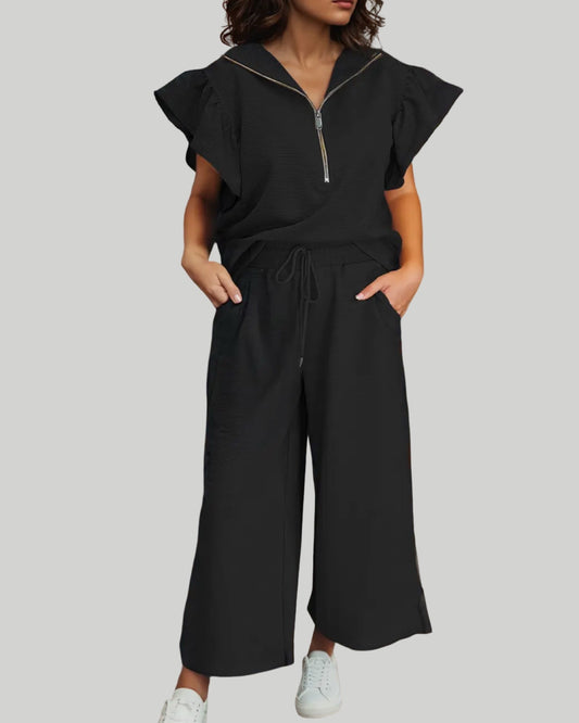 TEXTURED RUFFLED SLEEVE ZIPPED TOP AND WIDE LEG PANTS SET