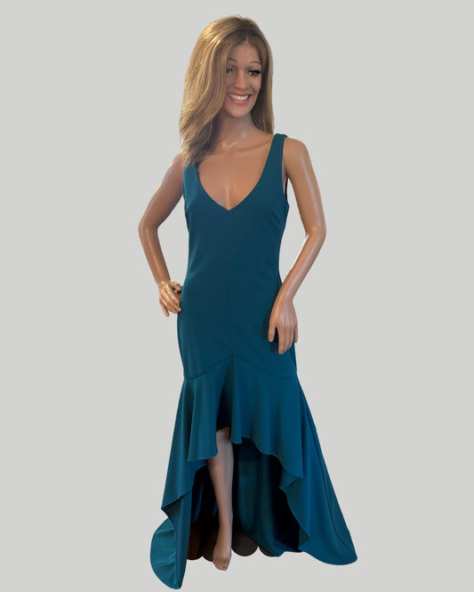 BETSY ADAM HIGH LOW TEAL SLEEVELESS GOWN