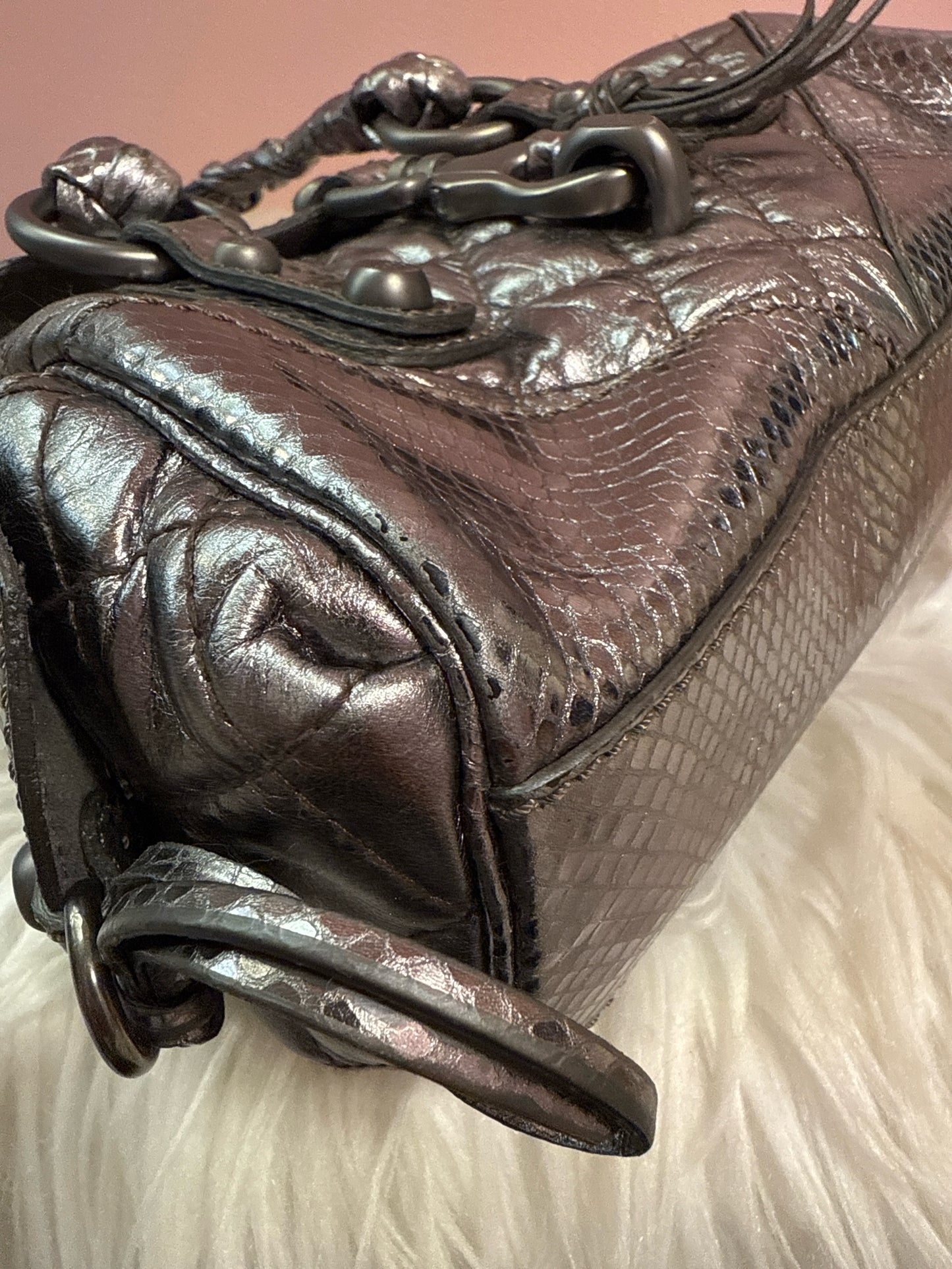 FRANCESCO BIASIA QUILTED PEWTER MINI HANDBAG BRAIDED HANDLES W DUST