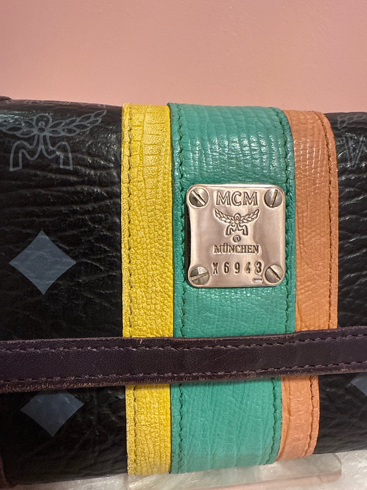 MCM BLACK AND MULTI LEATHER COMPACT WALLET