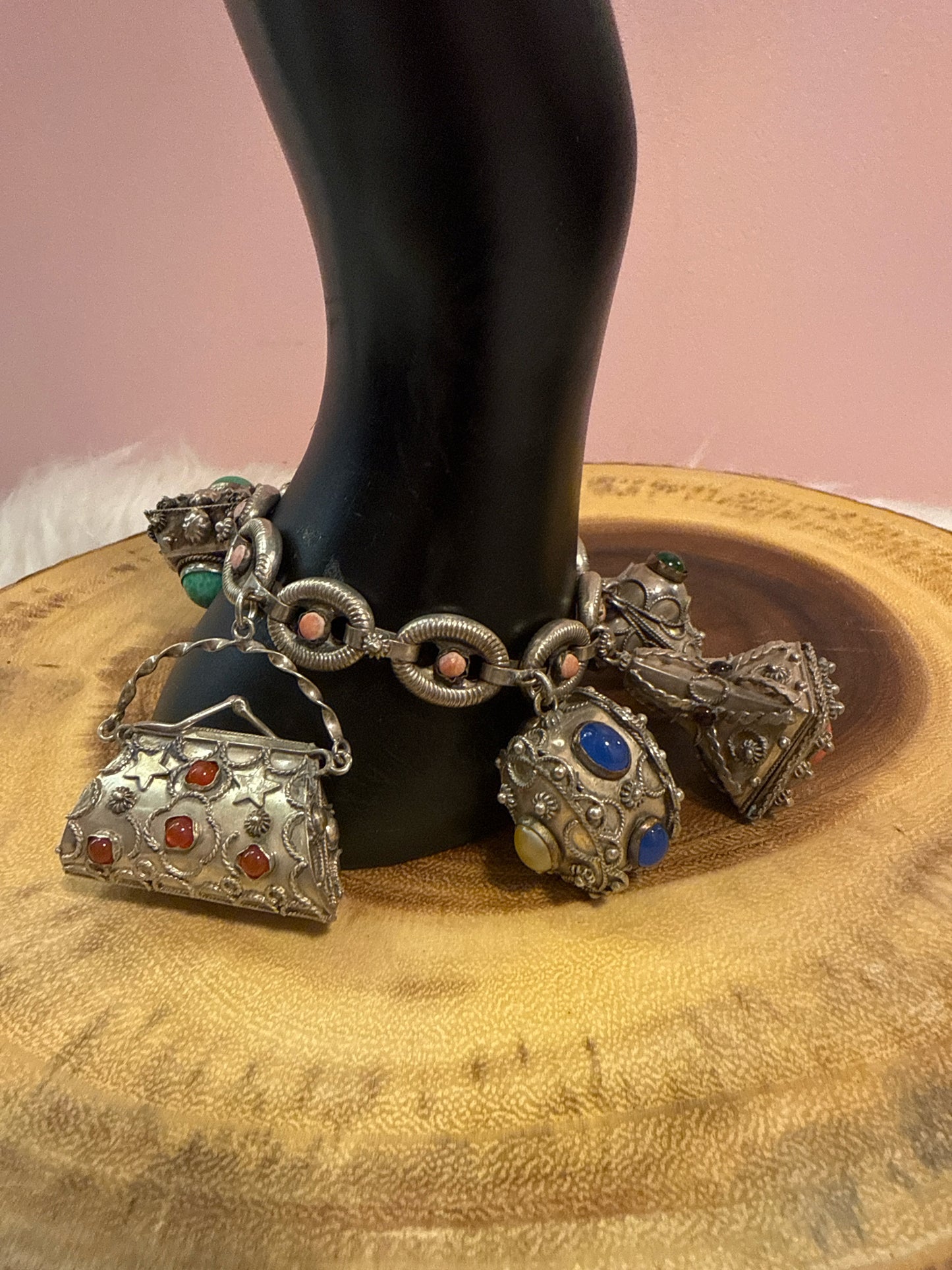 Vintage Etruscan Revival Charm Bracelet 800 Silver Natural Stones