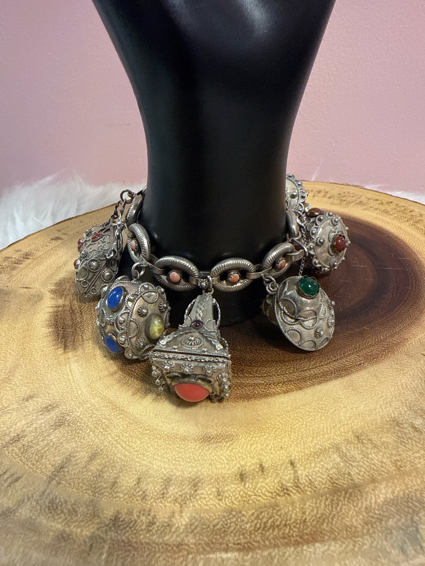 Vintage Etruscan Revival Charm Bracelet 800 Silver Natural Stones