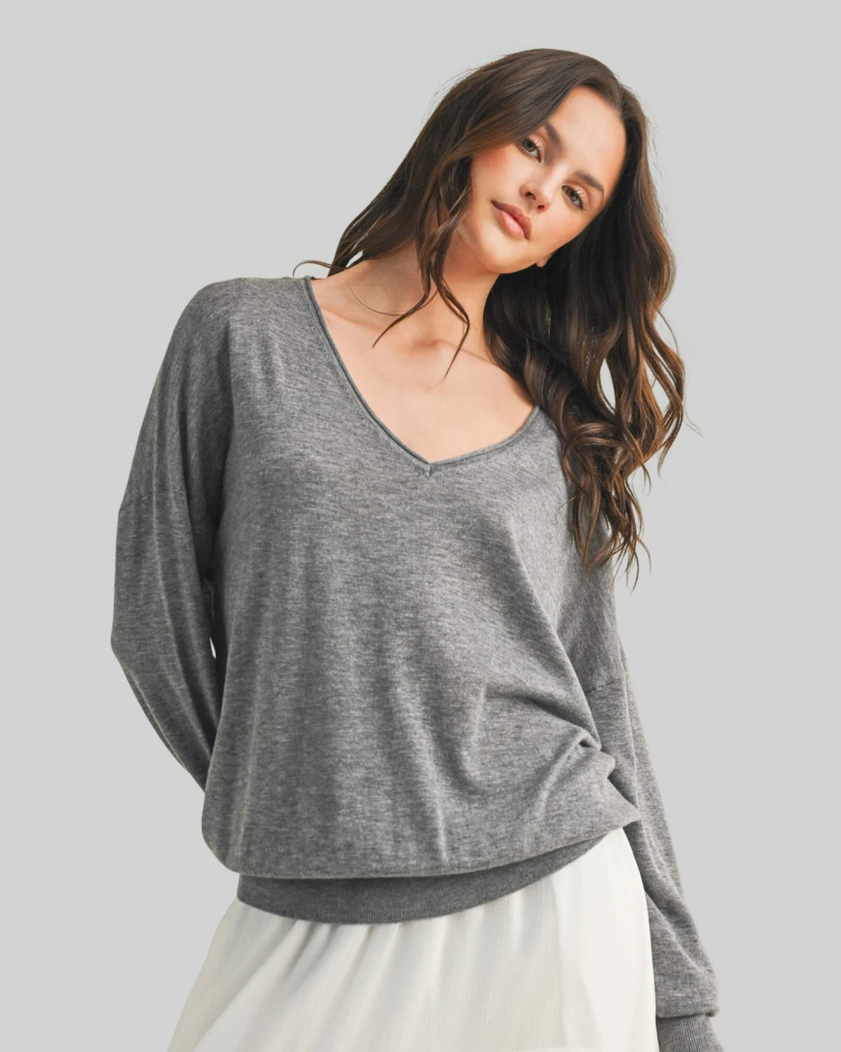 Dropped Shoulder V-Neck Banded Sweater Ecru and Heather Grey