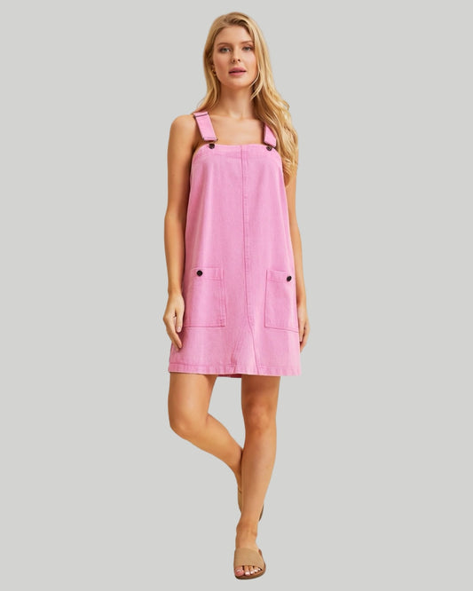 MINERAL WASHED TWILL OVERALL DRESS BUBBLEGUM PINK