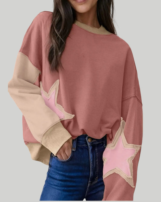 Star Patch Drop Shoulder Uneven Hem Sweatshirt Pink and Taupe | S-l