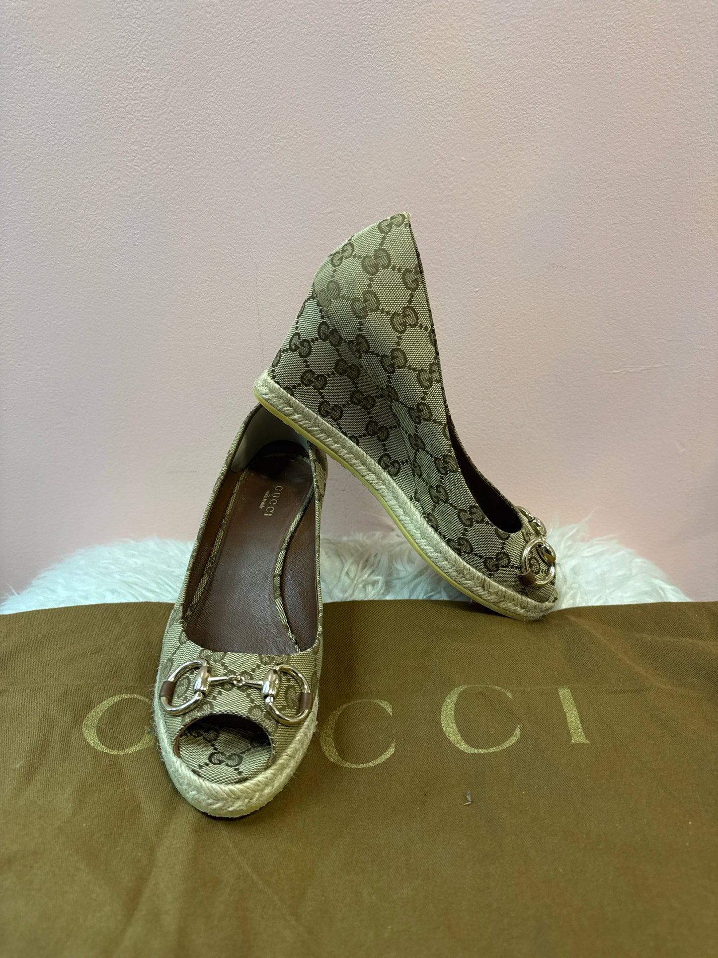 Gucci Monogram Horsebit Open Toe Espadrille Wedges