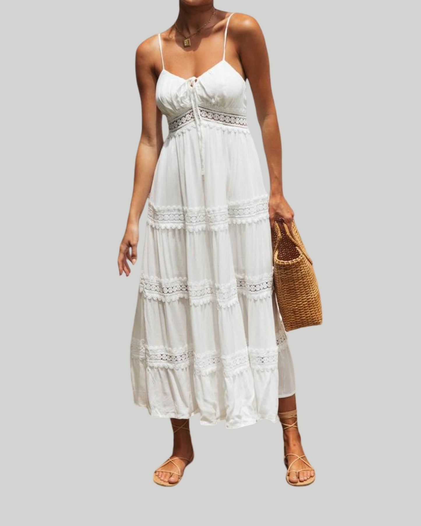 Boho Lace-Trimmed White Maxi Sundress
