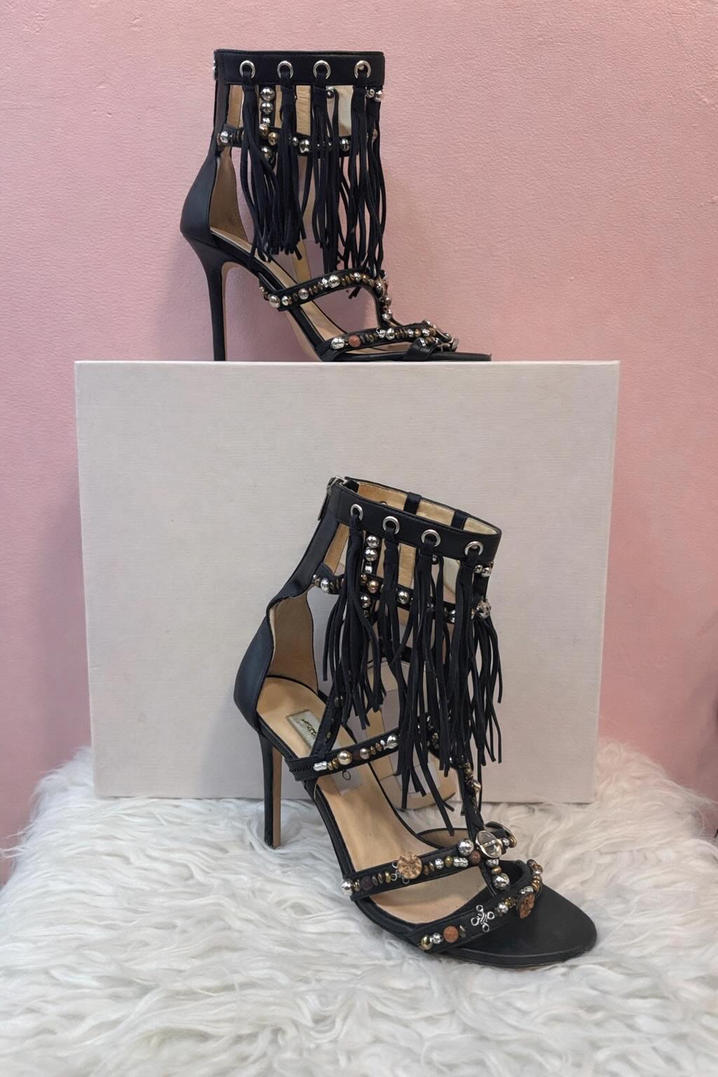 Jimmy Choo Cora Cage Fringe Beaded/Button Detail High Heel Sandals