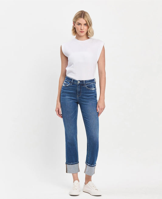 High rise slim straight cuff jeans jeanne