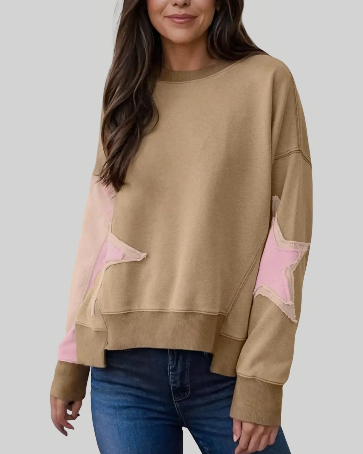 Star Patch Drop Shoulder Uneven Hem Sweatshirt Taupe and Pink | S-l