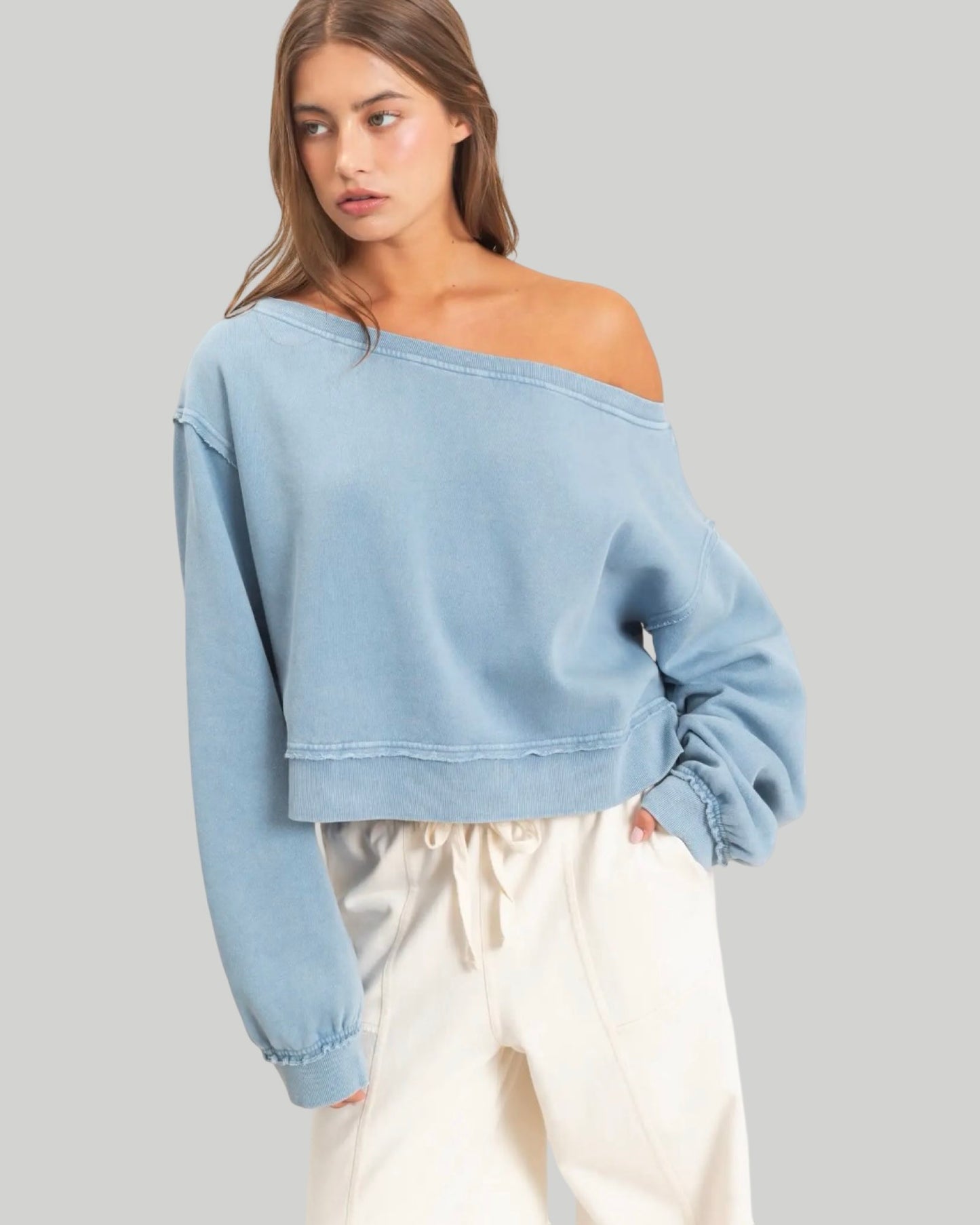 Raw Edge Acid Wash Off the Shoulder Sweatshirt