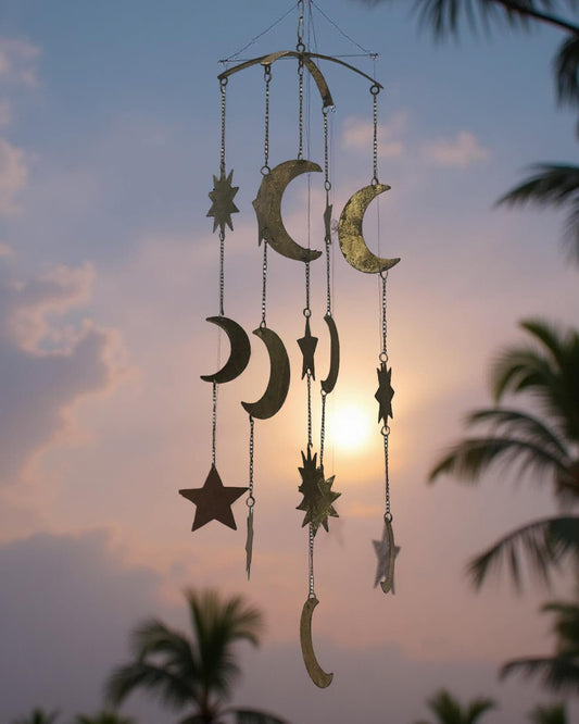 16 Piece Sun Moon Star Mobile on Jute Rope.
