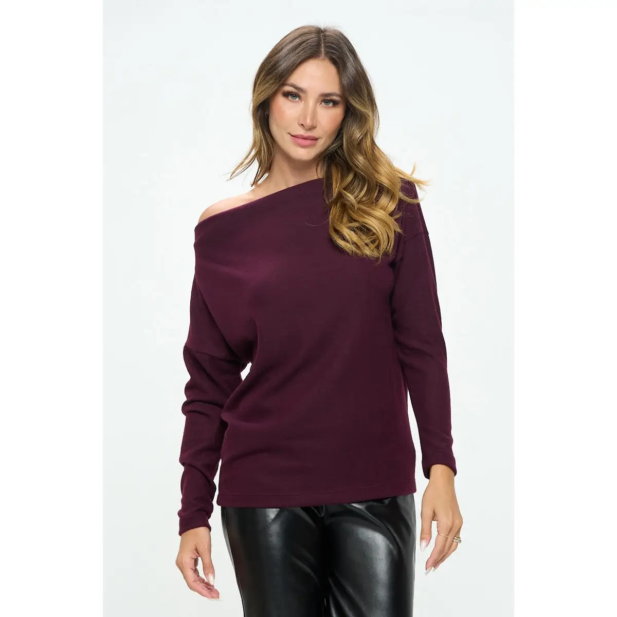 Plum brushed knit off the shoulder top