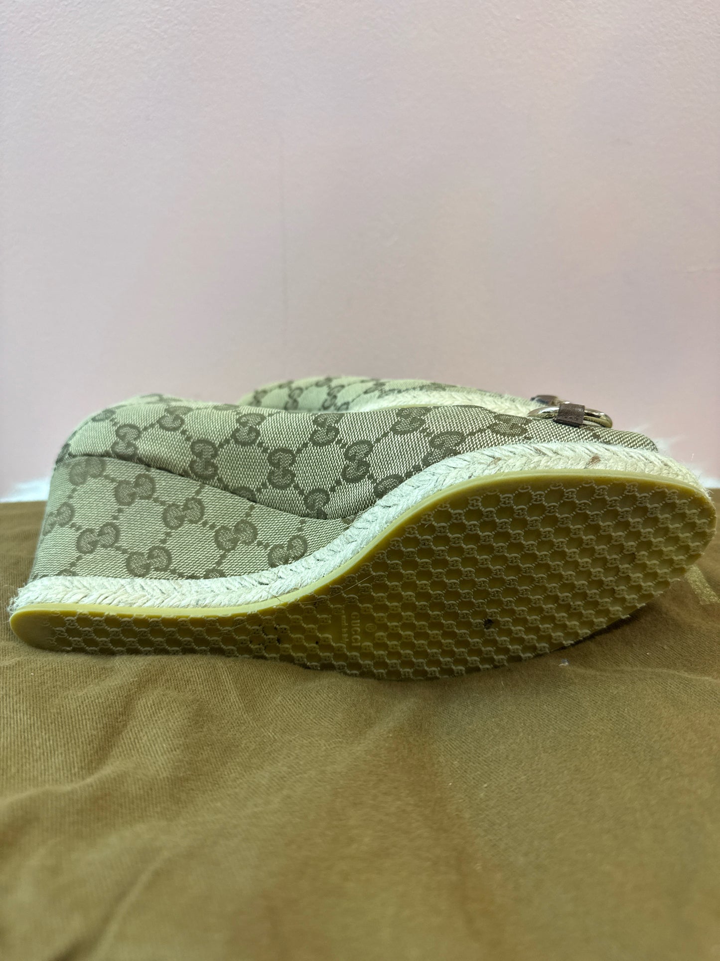 Gucci Monogram Horsebit Open Toe Espadrille Wedges