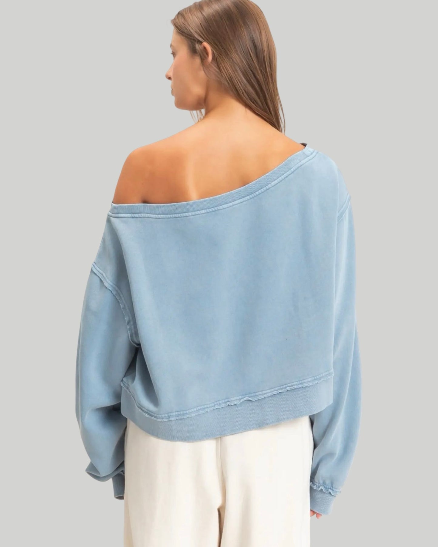Raw Edge Acid Wash Off the Shoulder Sweatshirt