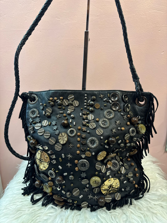 Jimmy Coo Black Bead/Button Fringe Detail Shoudler / Crossbody