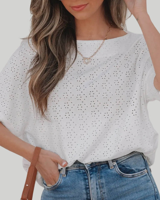EYELET PATTERN BOAT NECK CASUAL TEE