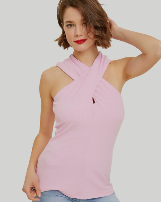 FORMFITTING SOFT, RIB HALTER NECK TANK TOP available in fondant & taupe